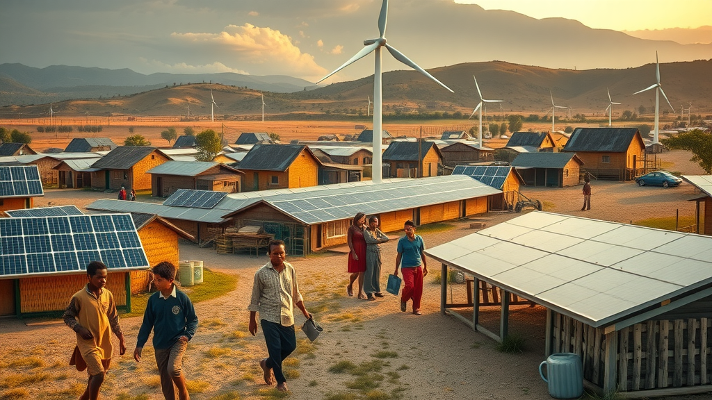 Active remote village powered by decentralized microgrid with solar panels and wind turbines during golden hour