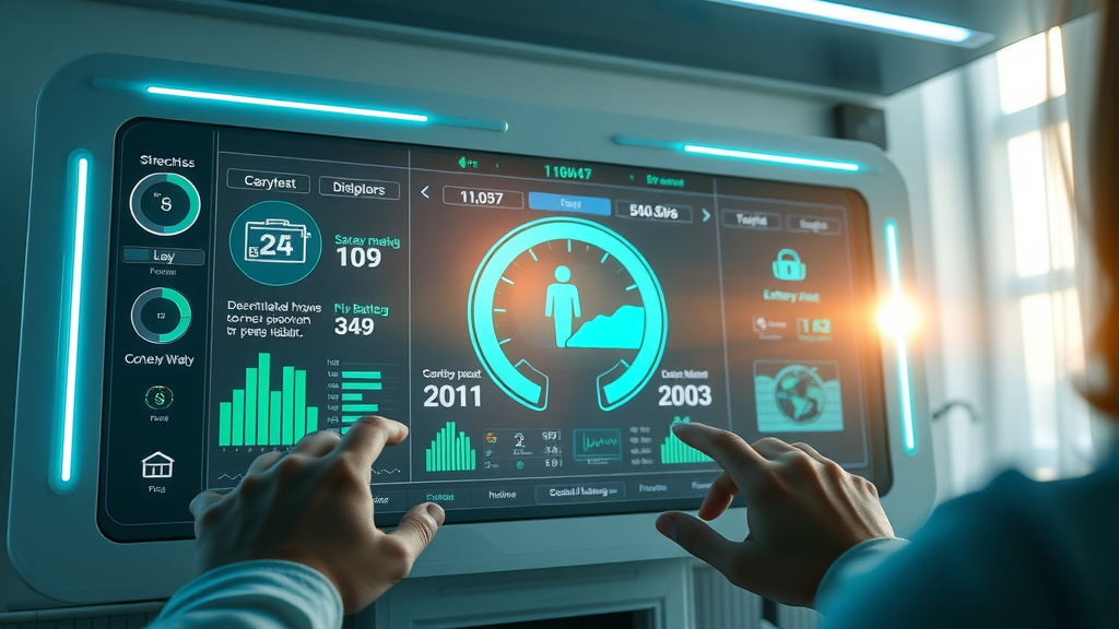 Futuristic smart home dashboard showing decentralized energy management and battery information with bright, modern interior