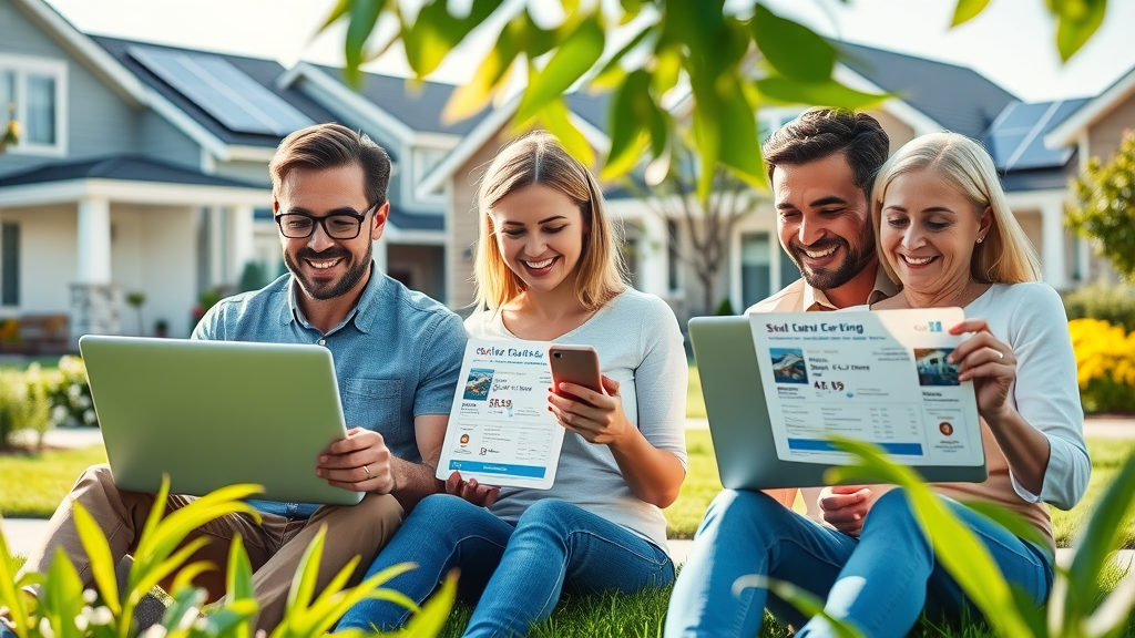 best solar quote comparison sites, homeowners researching solar quotes online with solar panels visible on rooftops
