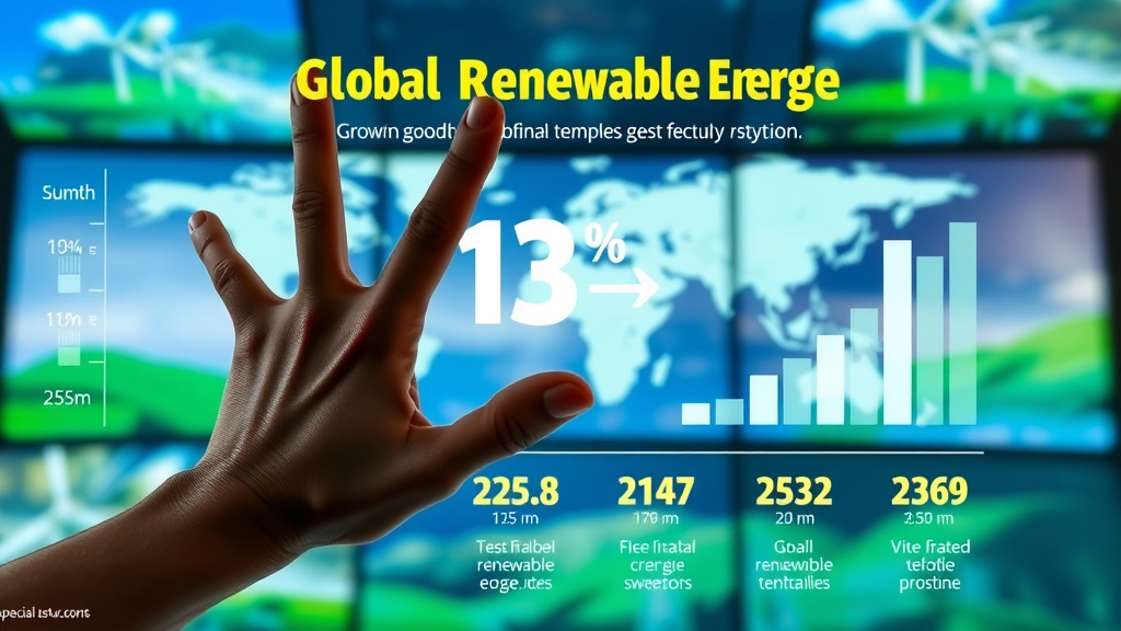 Graphical representation showing global renewable energy growth statistics with vibrant blues and greens highlighting urgency