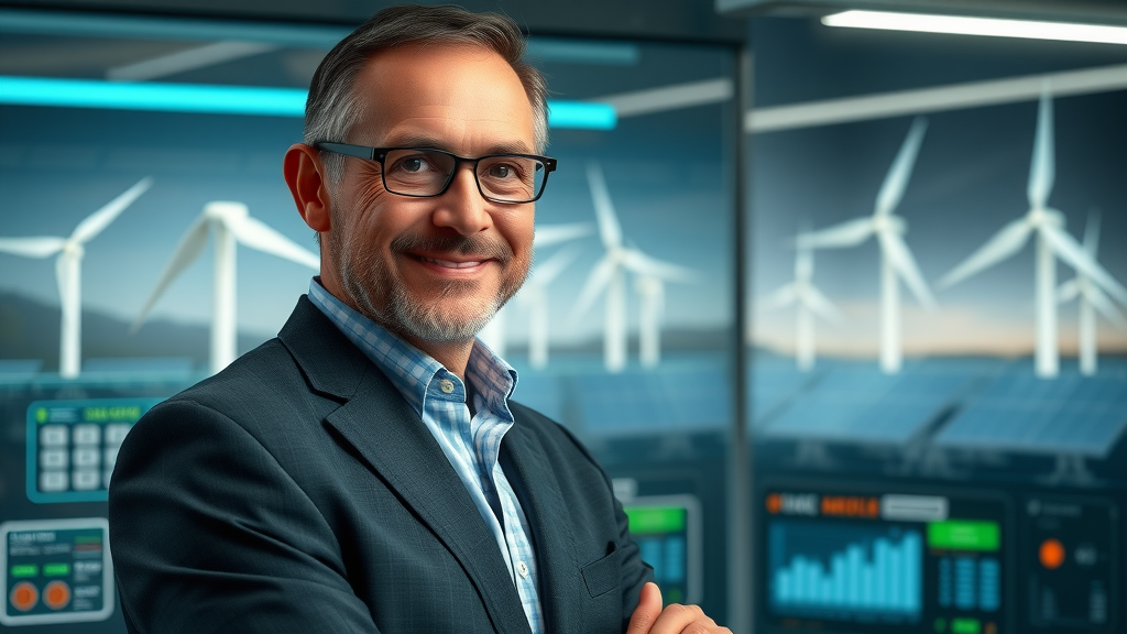 Visionary business leader confidently observing futuristic renewable energy control panel with solar panels and wind turbines