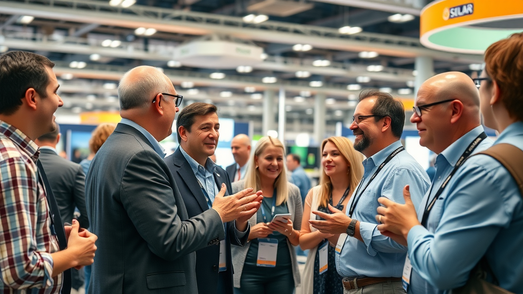 Energetic solar energy leaders networking and sharing ideas during a major clean energy conference