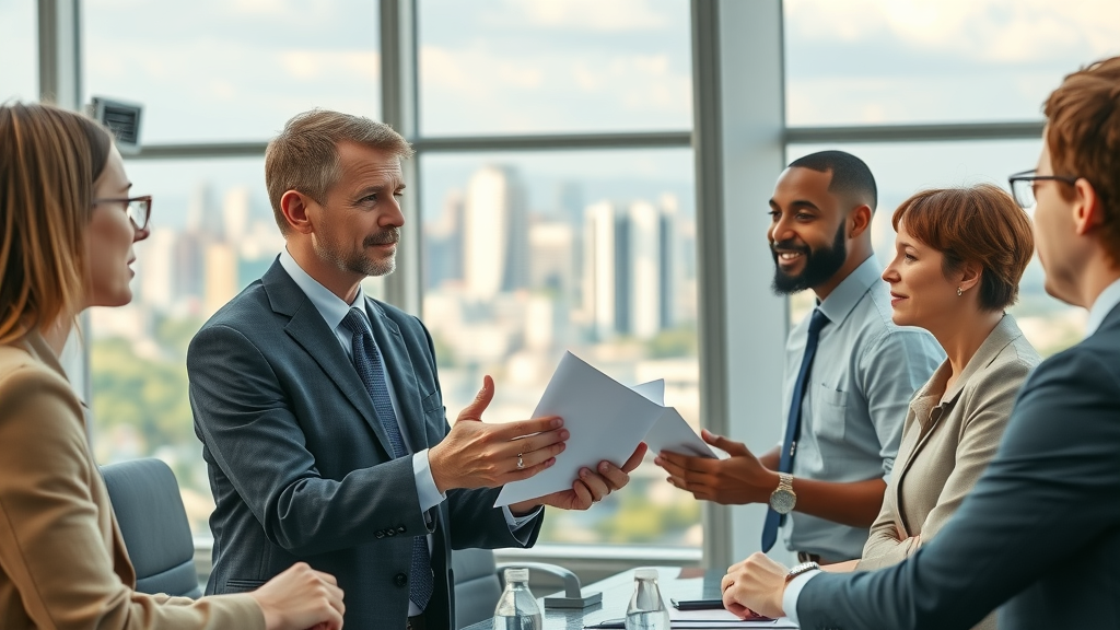 Government official presenting renewable energy policy in a modern city council chamber with sustainable city backdrop