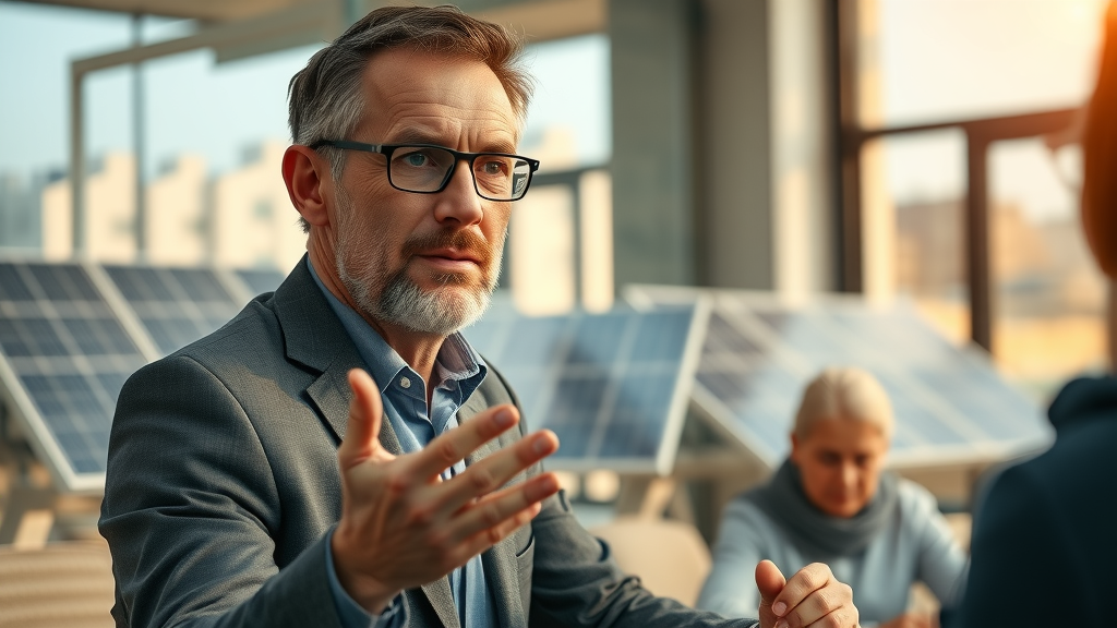 Focused energy leader guiding a team meeting on renewable energy strategy in a modern office