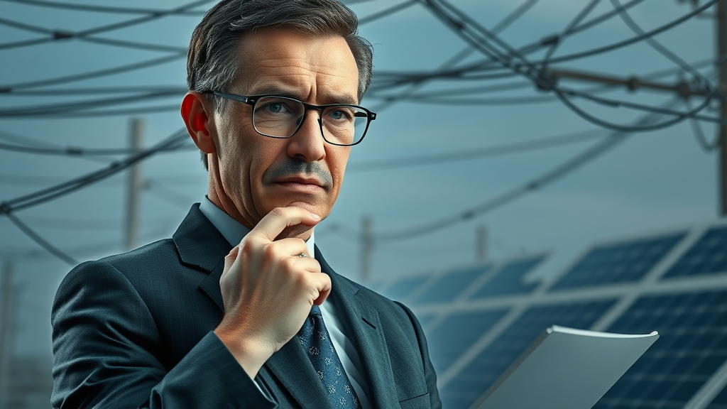Concerned executive analyzing complex energy network diagram surrounded by tangled wires and solar arrays