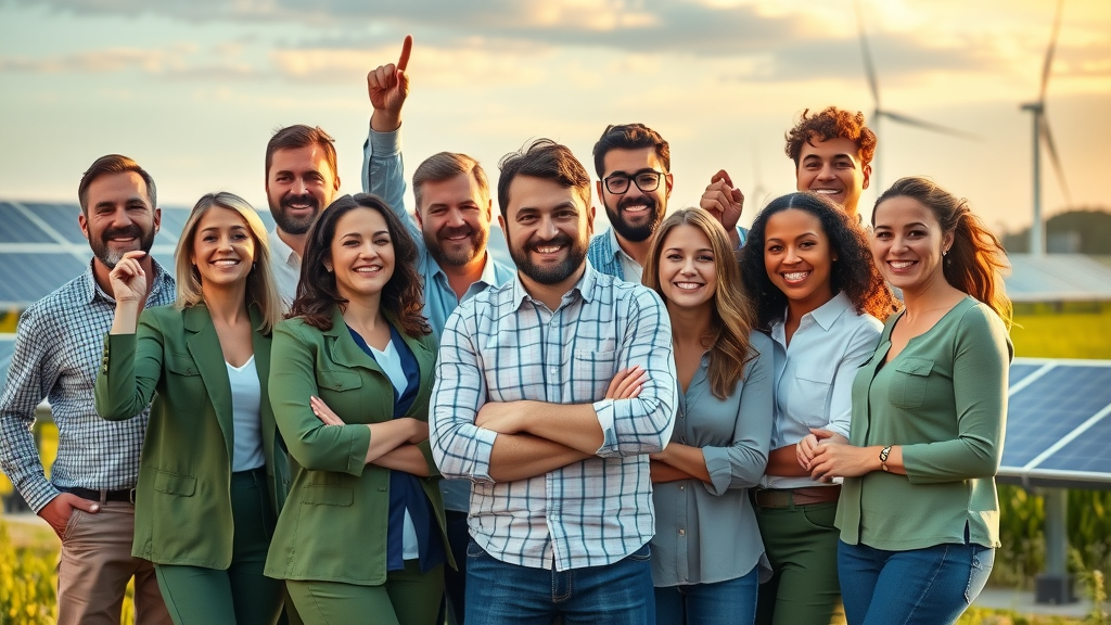 Group of energy professionals celebrating a successful renewable energy project at a solar and wind farm